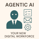 Minimalistic illustration of a digital AI agent working autonomously on enterprise tasks, symbolizing the concept of agentic AI as a digital workforce in 2025.