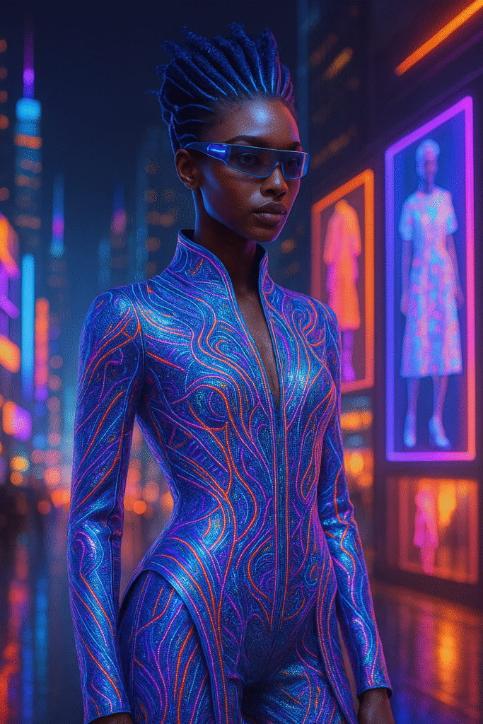 Futuristic digital fashion model wearing AI-designed glowing suit in neon city, representing fashion in 2025