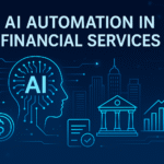 A digital illustration showing AI automation in financial services, with symbols of banking, data, and financial growth on a futuristic background.